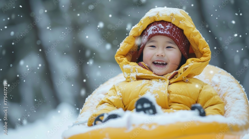 Happy child in yellow down coat sledding in winter down a hill, on blurred winter forest. Winter holiday. Happy child in yellow down coat sledding in winter down a hill, on blurred winter forest. Winter holiday.