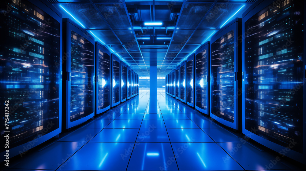 Blue Glowing Server Racks in Modern Data Center - Network Operations