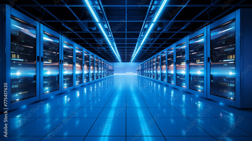 Sleek Data Center with Blue Neon Lights and Server Racks Sleek Data Center with Blue Neon Lights and Server Racks