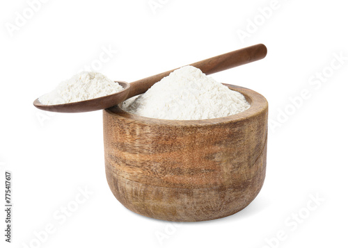 Baking powder in bowl and spoon isolated on white