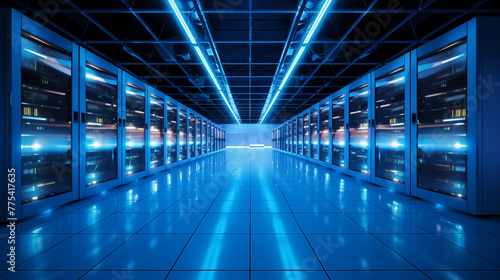 Sleek Data Center with Blue Neon Lights and Server Racks
