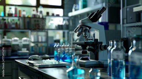 Laboratory tubes and microscope for research in laboratory in hospital.