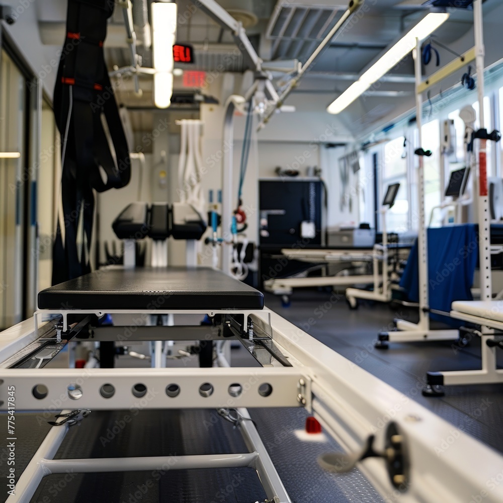 Fototapeta premium Close-up view of innovative rehabilitation apparatus within a modern sports medicine clinic, highlighting top-notch care for athletes.