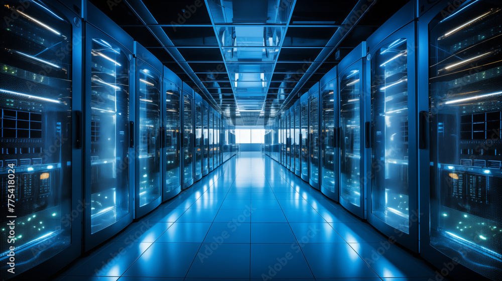 Illuminated Data Center Server Room with Transparent Floor