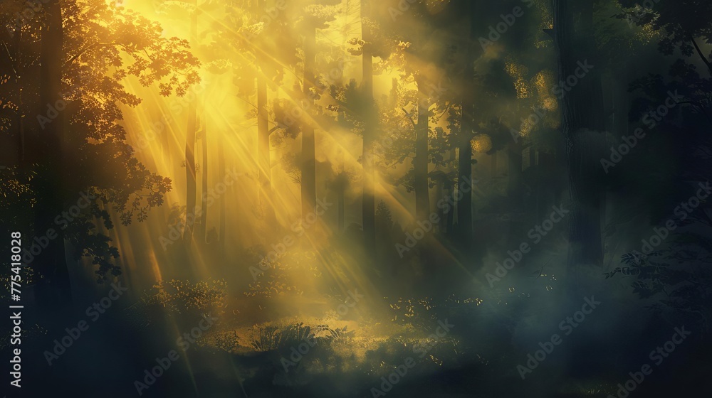 Atmospheric digital painting of a mysterious, misty forest at dawn, with rays of golden light filtering through the trees and casting long shadows