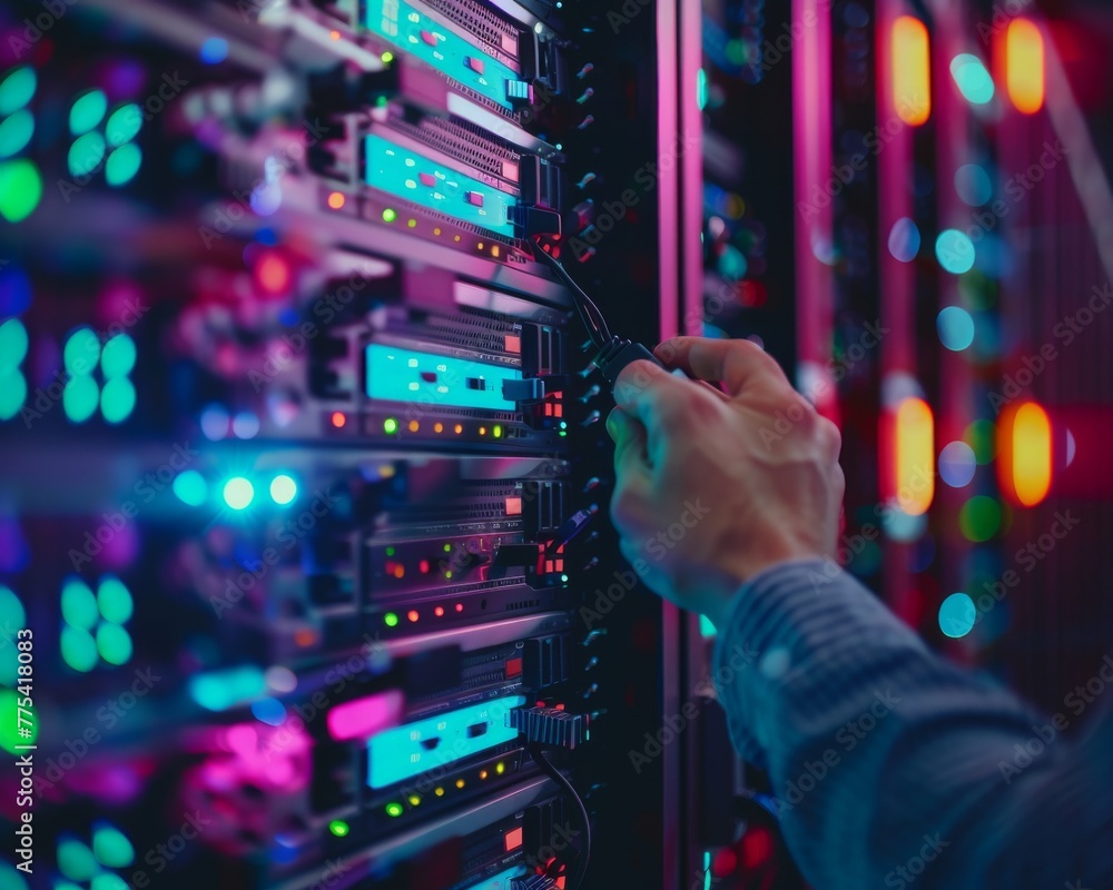 Technician conducts thorough inspection of data center servers, ensuring cloud data security. Technician conducts thorough inspection of data center servers, ensuring cloud data security.