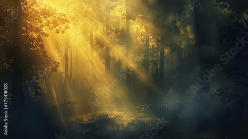 Atmospheric digital painting of a mysterious, misty forest at dawn, with rays of golden light filtering through the trees and casting long shadows