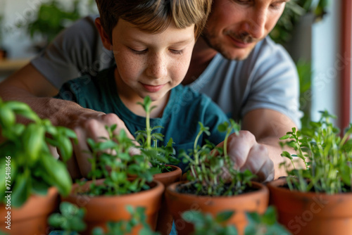 Father with a boy planting herbs at home