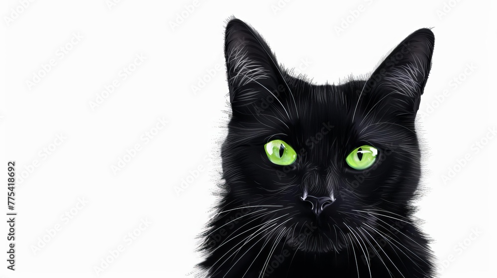 Black cat with bright green eyes isolated on white background, domestic feline portrait, animal photography, digital illustration