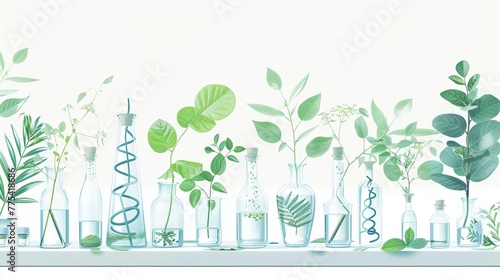 Biology laboratory with plants, DNA structures, and biochemistry elements on white background, nature and science concept, digital illustration © Bijac