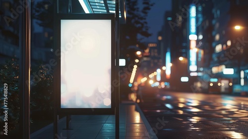 Blank vertical digital billboard at city bus stop with blurred urban background at night, mockup for advertisement, 3D illustration