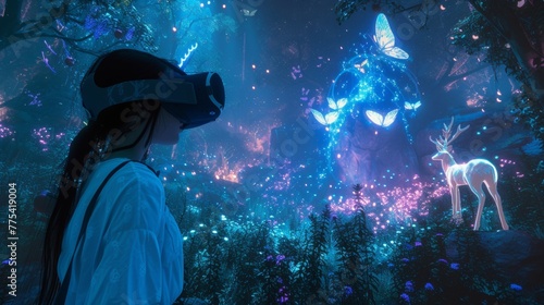 A female is in a virtual fantasy enchanted forest with glowing plants when wearing VR headset.