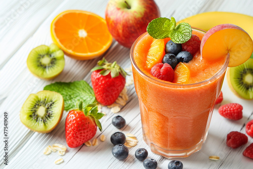 delicious fresh healthy fruit smoothie full of vitamins among fresh healthy fruits on vintage white wood table  generative AI