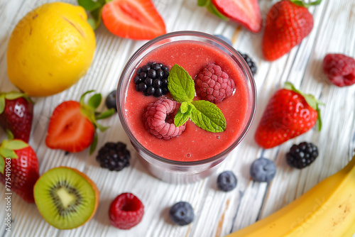 delicious fresh healthy fruit smoothie full of vitamins among fresh healthy fruits on vintage white wood table, generative AI