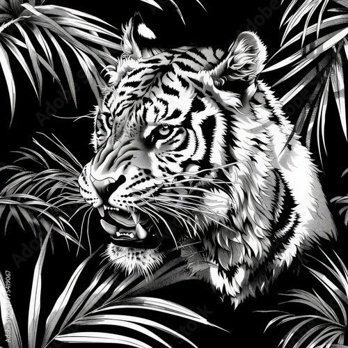 black and white tiger in jungle  plam leaves seamless pattern  background