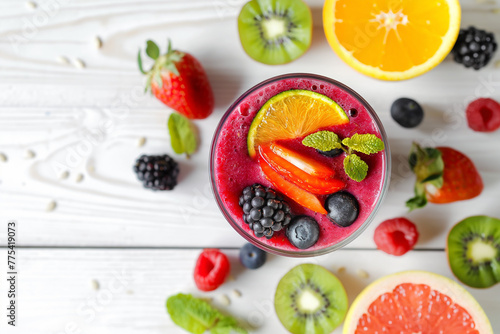 delicious fresh healthy fruit smoothie full of vitamins among fresh healthy fruits on vintage white wood table  generative AI
