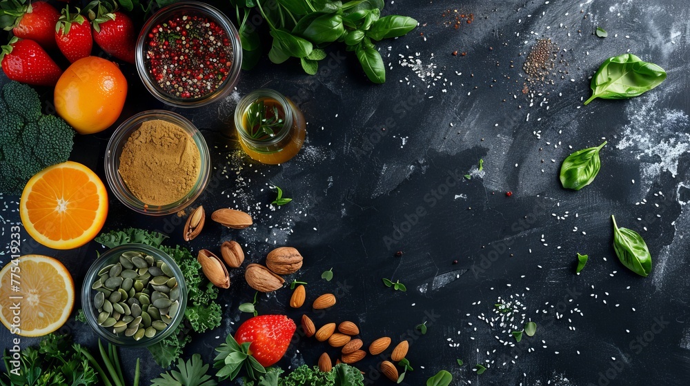 Food ingredients for blending smoothie or juice on painted glass on black chalkboard. Top view with copy space. Organic fruits, vegetables, nuts, seeds. Vegan, detox, clean eating concept. 