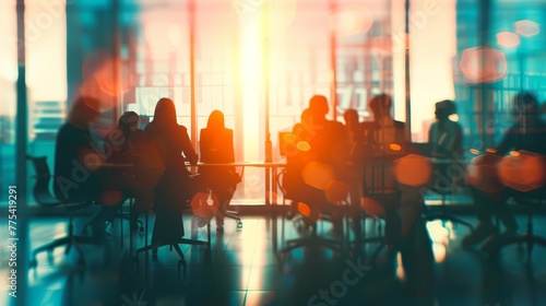 Blurred silhouettes of business people meeting in a modern office building conference room, suggesting collaboration and teamwork, Abstract photo