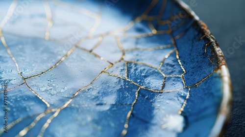Macro shot of a blue ceramic surface with golden cracks, depicting kintsugi art. The beauty in imperfection.