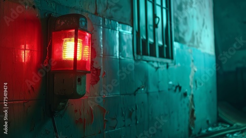 Glowing Red Emergency Light Mounted on a Weathered Wall, Illustrating Urgency and Danger