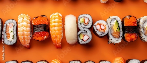  Sushi written in cursive on an orange surface, featuring various types