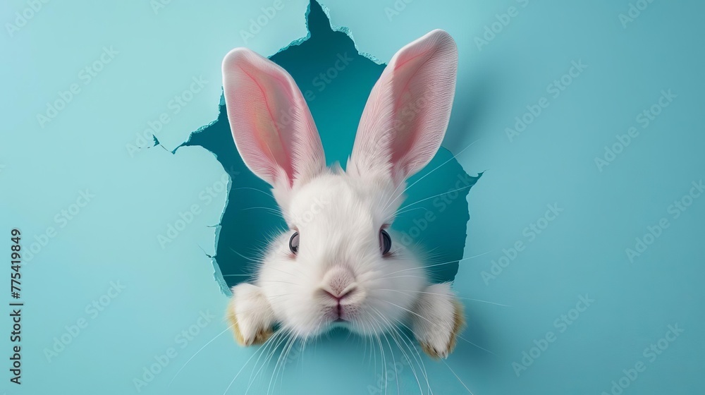 Obraz premium Bunny peeking out of a hole in blue wall, Easter concept illustration