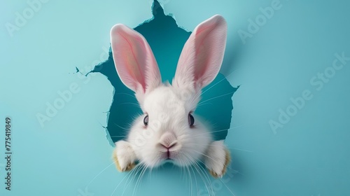 Bunny peeking out of a hole in blue wall, Easter concept illustration