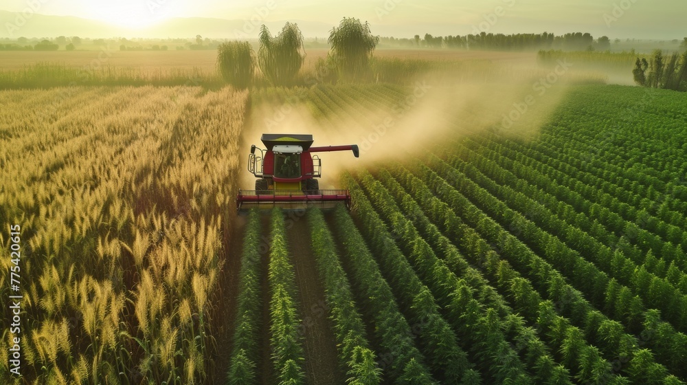 Fototapeta premium A combine harvester machine working in a large outdoor plantation farm.