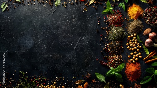 Large variety of spices and herbs on black table background with empty space for text or label