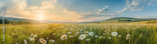 Beautiful blurred background image of spring nature with a neatly trimmed lawn surrounded by trees against a blue sky with clouds on a bright sunny day