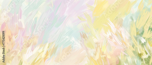 A bright abstract painting with soft brushstrokes in pastel colors.