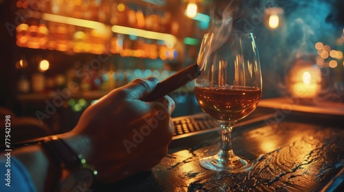 Man's hands with a cigar, elegant glass of brandy on the bar counter. Alcoholic drinks, cognac, whiskey, port, brandy, rum, scotch, bourbon. Vintage wooden table in a pub at night.  photo