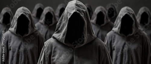   A group of hooded individuals standing before a dark backdrop with their faces concealed by their hoods photo