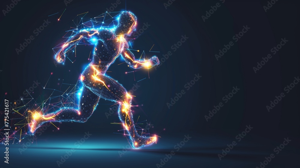 Glowing hologram of human body 3D structure running pose with dark background.