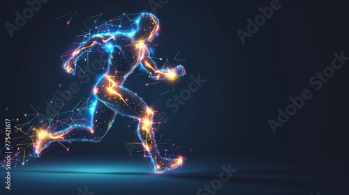 Glowing hologram of human body 3D structure running pose with dark background. © Joyce