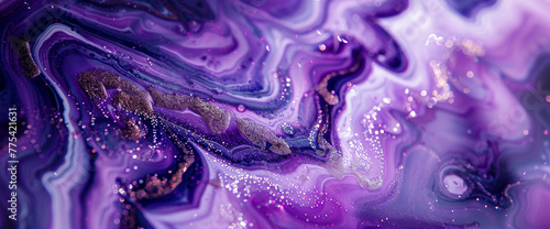 Detailed macro shot unveiling the intricate patterns of marble ink infused with glistening glitters, creating a surreal and captivating visual experience.