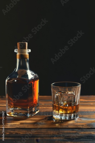 bottle of whiskey with glasses of ice on a wooden table Generative AI