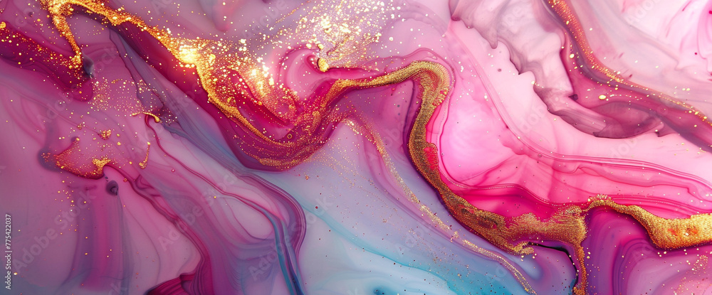 Enchanting macro image showcasing the fluid elegance of marble ink infused with radiant glitters, creating an otherworldly and captivating visual spectacle.