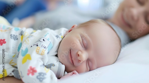 Cute sleeping new born baby in bed.