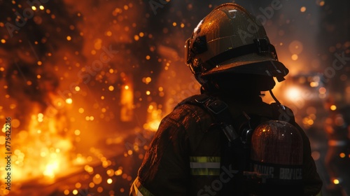 Firefighter fighting to put off fire flames with protection helmet