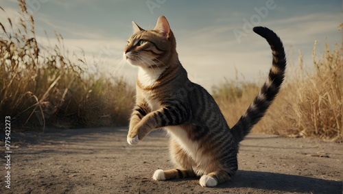 An attentive, striped-fur cat stands on a path, surrounded by sunlit tall grass, under a clear sky with soft clouds

 photo