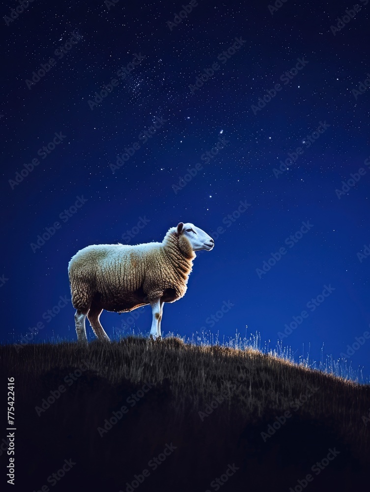 Quiet contemplation: A lone sheep savors the tranquility of the night on a hill during Eid ul Adha and copy space - generative ai - obrazy, fototapety, plakaty 