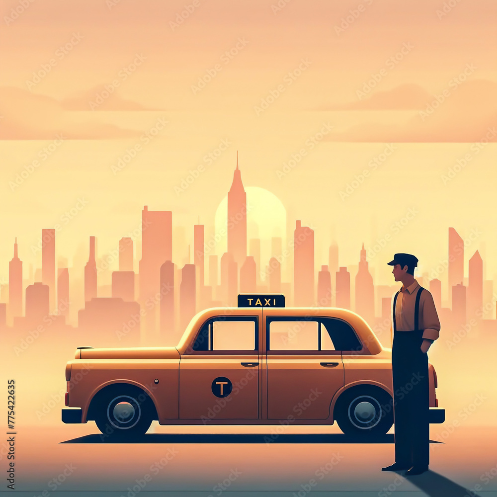 a minimalist and serene image of a taxi driver's daily life - obrazy, fototapety, plakaty 