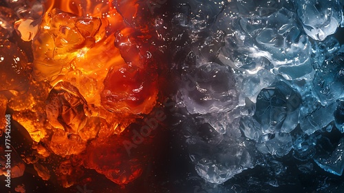 lava and ice side by side, lava vs ice, fire vs water, blue and red photo