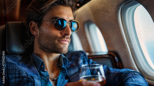 Luxury Travel Lifestyle, Handsome Man with Sunglasses Enjoying Flight in Private Jet