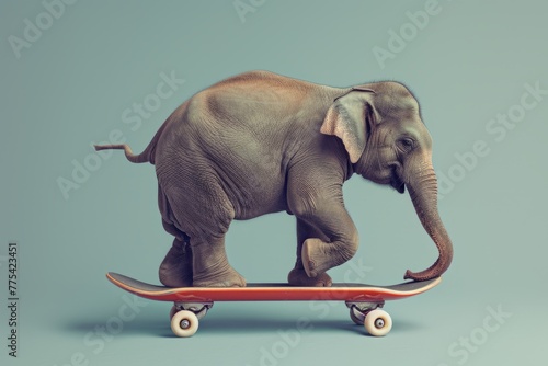 Baby elephant balancing on a skateboard