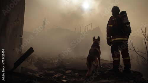 Firefighter searching in building ruin for survivors with the help of rescue dog