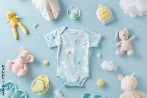 Baby essentials and toys on blue background