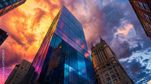 Glass tower mirrors sunset, old buildings in front, colorful sky. Sunset lights up modern skyscraper, older houses in the scene.