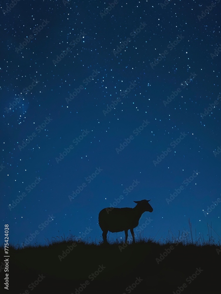 Quiet contemplation: A lone sheep savors the tranquility of the night on a hill during Eid ul Adha and copy space - generative ai